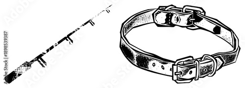 Classic fishing rod with textured grip and leather dog collar with buckle, both rendered in bold art, isolated vector graphics for design use.