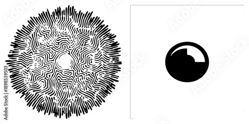 Intricate black art forming concentric wavy radiating from center, paired with minimalist eye. Abstract design, graphic illustration, vector art.