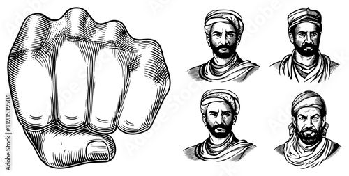 Graphic illustration of clenched fist and four stern faced men in turbans, engraved art, protest, cultural representation, historical figures.