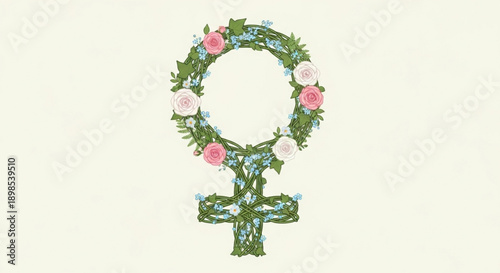 Floral female symbol with pink roses and green leaves on white background representing feminism and women's rights equality and empowerment concept