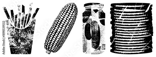 Stylized vector illustrations of french fries, corn on the cob, pickle jar, and stacked cans with distressed texture, halftone dots, and gritty aesthetic.