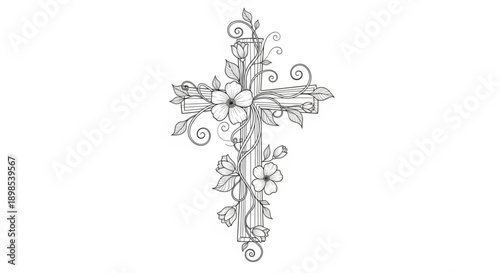 Ornate floral cross illustration with swirling leaves and flowers on white background