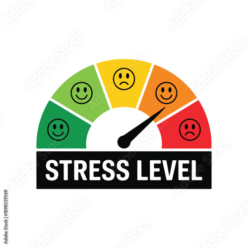 Stress level gauge vector meter measuring high anxiety, burnout risk, and mental health pressure.