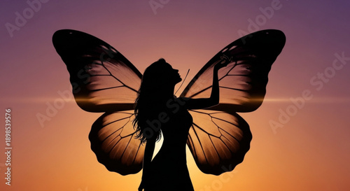 Woman with butterfly wings standing against vibrant orange and purple gradient sunset background symbolizing freedom and transformation