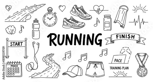 Collection of running essentials and symbols for fitness and active lifestyle