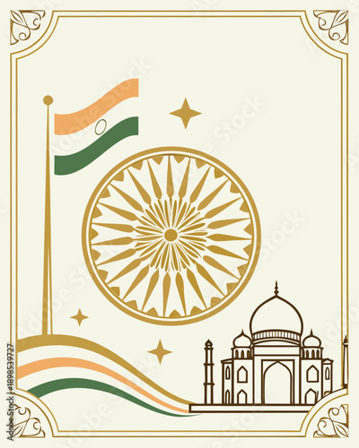Indian national symbols illustration featuring flag and Taj Mahal outline design