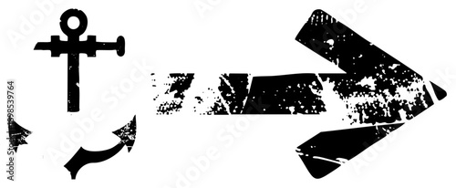 Maritime anchor symbol pointing right with weathered effect, navigation, sea travel emblem, vessel guidance marker, black stencil graphic.