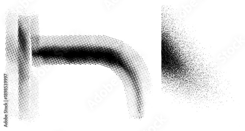 Vector graphic featuring halftone dot forming curved abstract forms, fading from dense to sparse, minimalist black and white design.