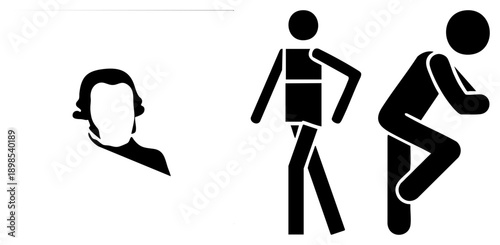 Vector depicting a historical profile, a standing person, and a seated figure, all in solid black silhouette style, isolated graphic elements for signage or UI.