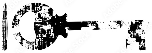 Black and white vector illustration of a fountain pen beside a worn guitar, distressed texture, artistic graphic, music and writing tools, design.