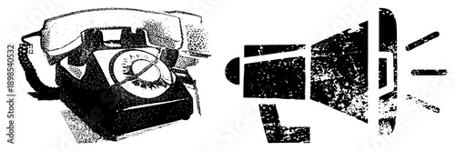 Classic rotary telephone and megaphone symbolizing communication, retro tech, public announcement, analog, broadcast, old school messaging.