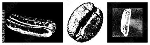 Vector style hot dog with mustard, coffee bean texture, halftone, isolated food graphics, stylized snack art.