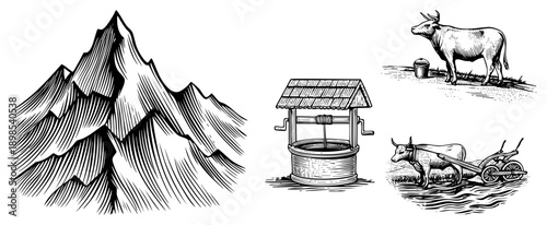 Rural landscape featuring mountain range, wooden well, oxen pulling plow, life, agrarian setting, rustic illustration.