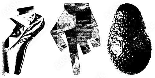 Stylized vector shapes with halftone shading, abstract composition, graphic design elements, art, geometric abstraction, isolated forms, textured.