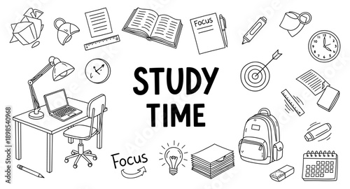 Study time concept with desk, laptop, books, backpack, and school supplies