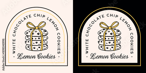 Lemon white chocolate chip cookies stack with yellow bow logo label badge tag sticker fancy aesthetic packaging design. Curd cream flavor homemade sugar dessert retro vintage illustration text print.