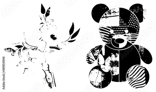 Abstract black and white branch with leaves, stylized teddy bear with halftone and striped, graphic design elements, vector illustration, artistic texture.