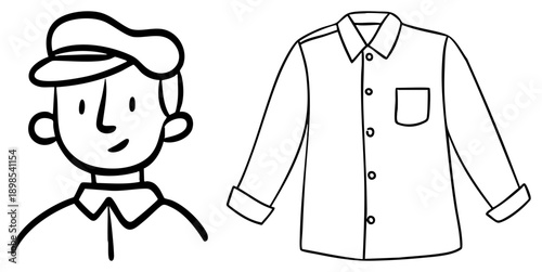 Simplified art of a smiling man with cap and collared shirt, paired with matching shirt cutout, minimalist fashion illustration, flat vector design.