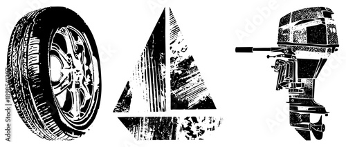 Black and white vector of car wheel, sailboat, and outboard motor, halftone texture, isolated graphic elements, automotive, nautical, mechanical design.