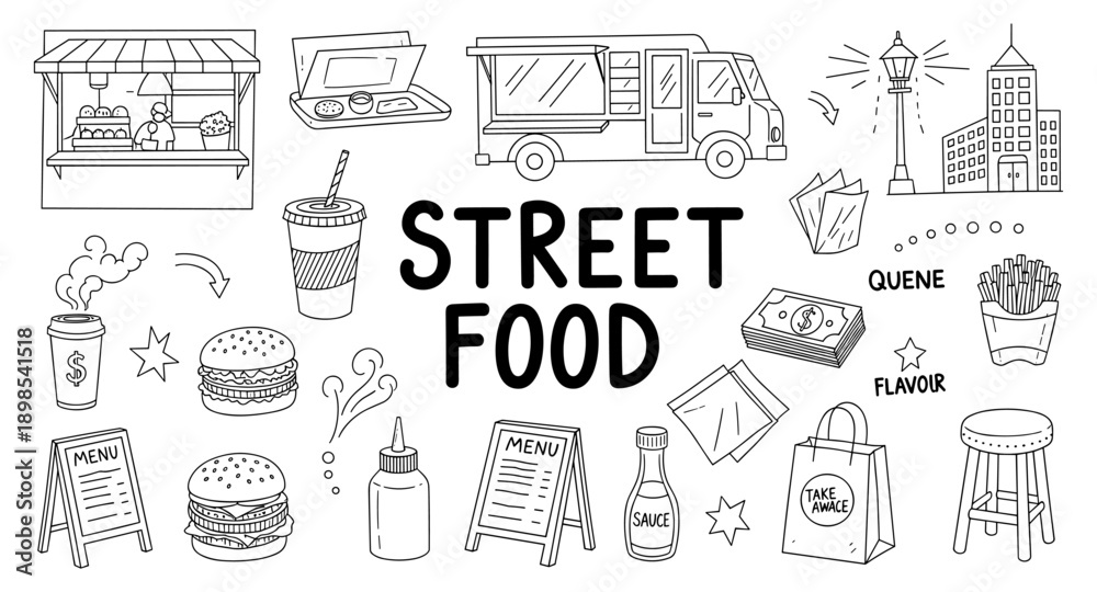 Fototapeta premium Collection of hand-drawn street food icons and elements for design