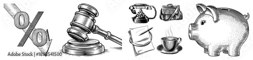 Classic halftone illustrations of discount sign, gavel, rotary phone, briefcase, notepad, coffee cup, piggy bank representing commerce, justice, office work, and budgeting.