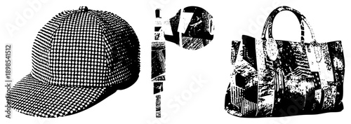 Black and white halftone vector graphics of a baseball cap, handbag, and microphone, stylized with dot and high contrast textures, ideal for graphic design or print.