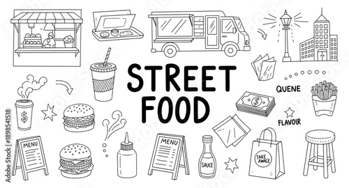 Collection of hand-drawn street food icons and elements for design