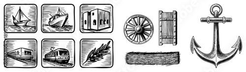 Sailboat,, train, anchor, wagon, wooden plank, laurel leaf classic travel symbols rendered in engraved halftone style, ideal for maritime or vintage design projects.