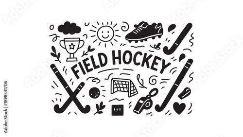A black and white illustration of field hockey equipment and symbols