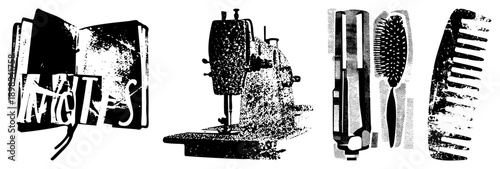 Retro halftone graphic of sewing machine, hairbrush, comb, and open book with “NIGHTS” text, vector art, stylized vintage items, isolated objects.