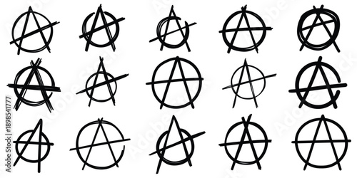 Hand-drawn doodle set of anarchy signs on a white background.