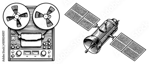 Analog recorder with reels and dials, space satellite with solar panels, retro tech illustration, black and white vector, isolated objects.