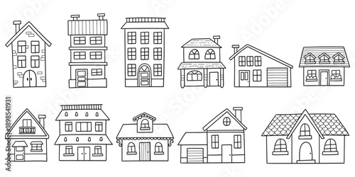 Hand-drawn doodle set of houses on a white background.