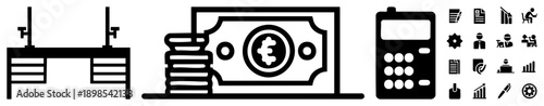 Business finance symbols including office desk, euro currency stack, calculator, and assorted financial tools, minimalist vector design.