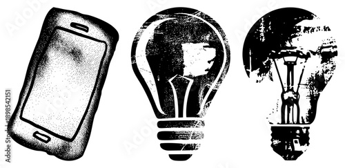 Digital device and bulb graphics representing ideas, connectivity, and invention, halftone style, tech, tools.