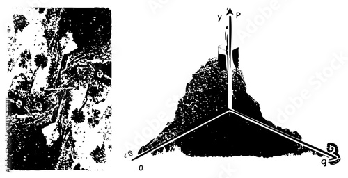 Mathematical 3D graph with x, y, z axes, origin labeled O, point P marked, textured background, vector diagram, educational illustration.