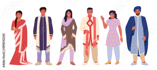 Indian people set. Different young adult male and female characters in traditional clothes standing and waving hand, girls with saree and dress, man with turban and beard