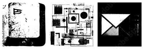 Black and white vector composition with distressed shapes, halftone, and fragmented forms, ideal for graphic design or digital art backgrounds.