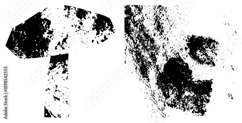 Graphic design featuring distressed T shirt and skull shapes, halftone splatter effect, vector art, isolated foreground, gritty texture, stylized silhouette.