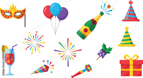 Party and Celebration Icon Set with Masks, Balloons, Fireworks, Champagne, Gifts, and Festive Accessories for Events, Holidays, and Birthday Designs