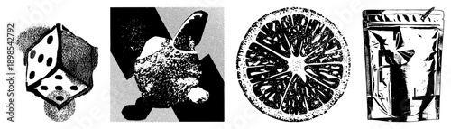 Four vector rendered in halftone style die with dots, rabbit silhouette, citrus section, and ziplock bag with star. Isolated, cutout, rgba.