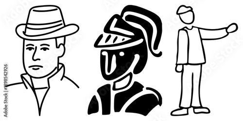 Vector art of men in hats, minimalist, graphic design, flat illustration style, isolated characters, modern avatar concepts.