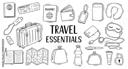 Collection of hand-drawn travel essentials and accessories for a journey