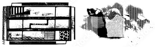 Black and white vector art featuring fragmented shapes, halftone dots, and grid, stylized graphic design with texture and geometric abstraction.