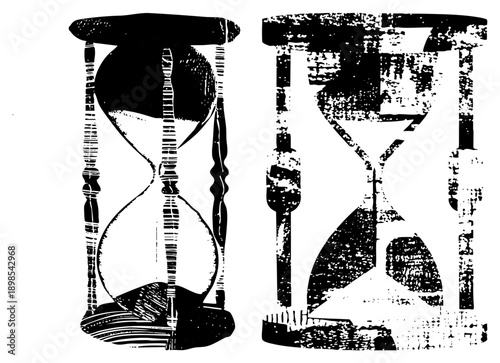 Antique hourglass timers with textured black ink, one nearly empty, one nearly full, rustic timekeeping devices, sand clock, vintage timer.