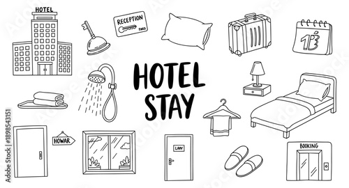 Collection of hand-drawn hotel stay icons and illustrations for travel and hospitality