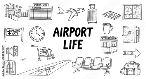 Doodle illustration of airport life elements and travel essentials