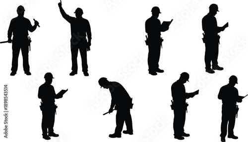 Construction worker silhouettes, male engineers with tools, hard hat safety gear, reading plans, building inspection poses, black vector illustration, industrial labor design