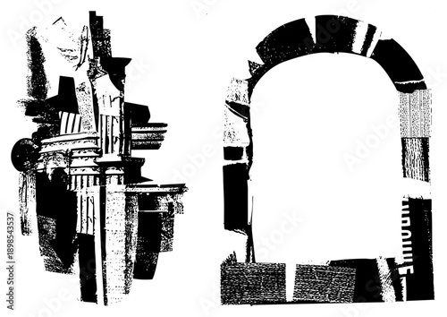 Stylized ruins with classical columns and arch, halftone print effect, architectural salvage, vector glyph art, black and white composition.