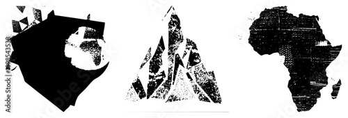 Stylized map of continents rendered in fragmented geometric shapes, texture, vector art, isolated design elements.